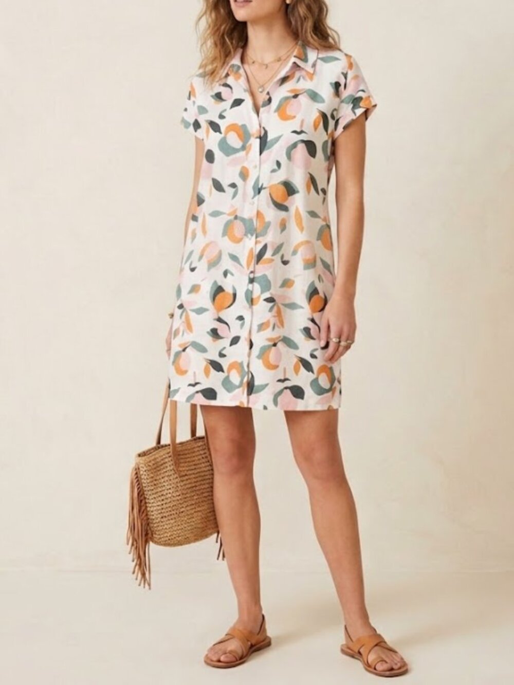 Rachael Zoe 100% Linen Floral Button Down Midi Shirt Dress Tunic Large